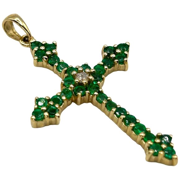 14k Yellow Gold Natural Emerald and Diamond Cross Pendant - Picture 2 of 8